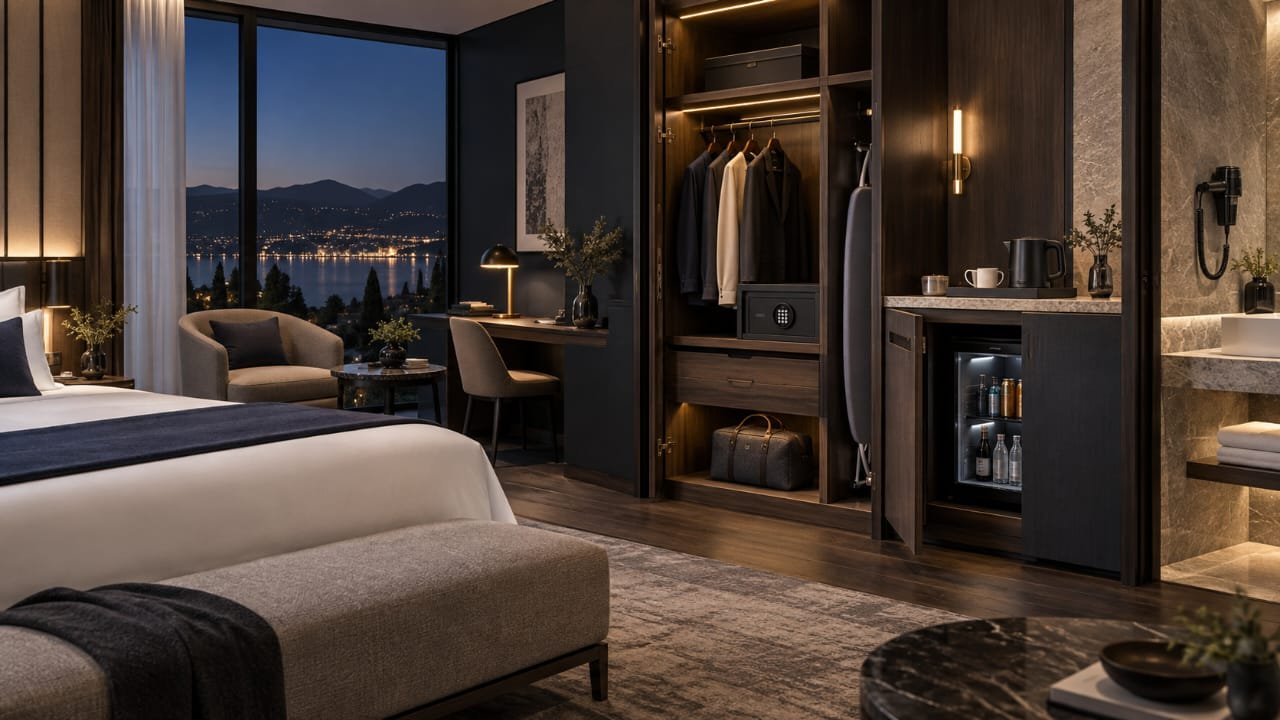Hotel room wardrobe with in-room safe, minibar and amenities at night