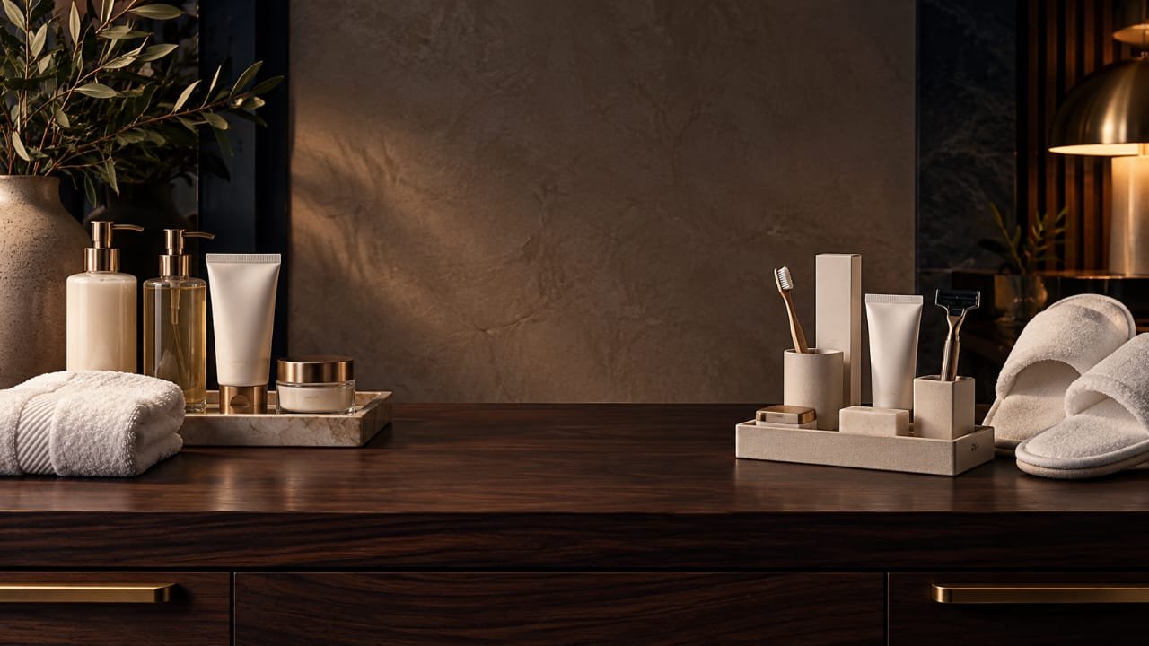 Hotel guest amenities counter with toiletries and slippers
