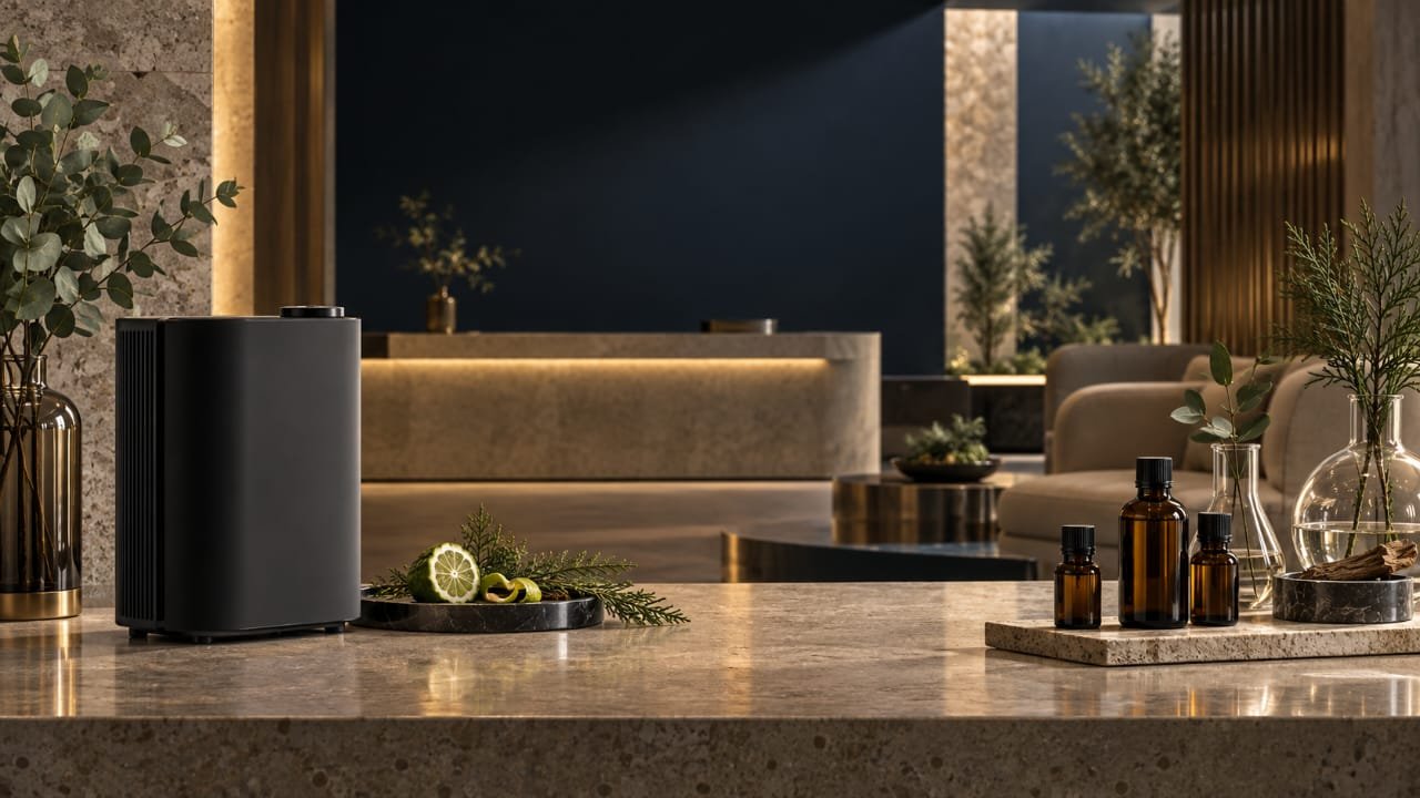 KEMET scent diffusion system with essential oil bottles in hotel lobby