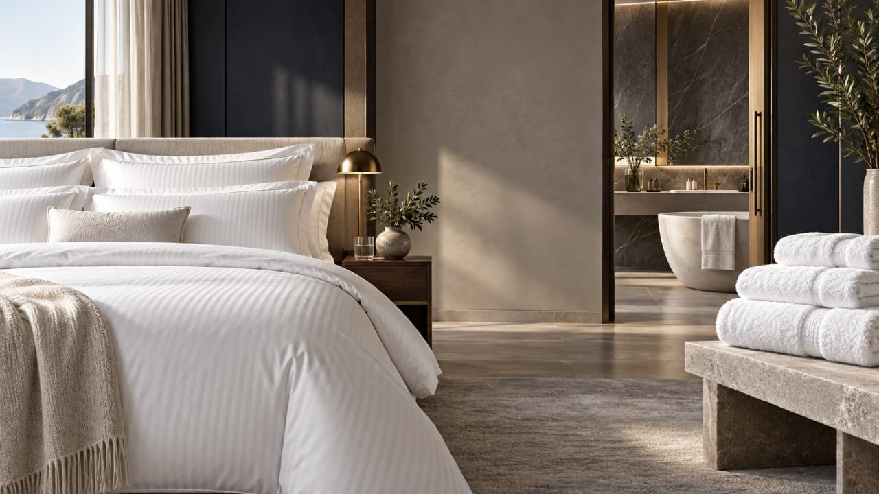 Luxury hotel bed linen and towels, supplied to UK hospitality