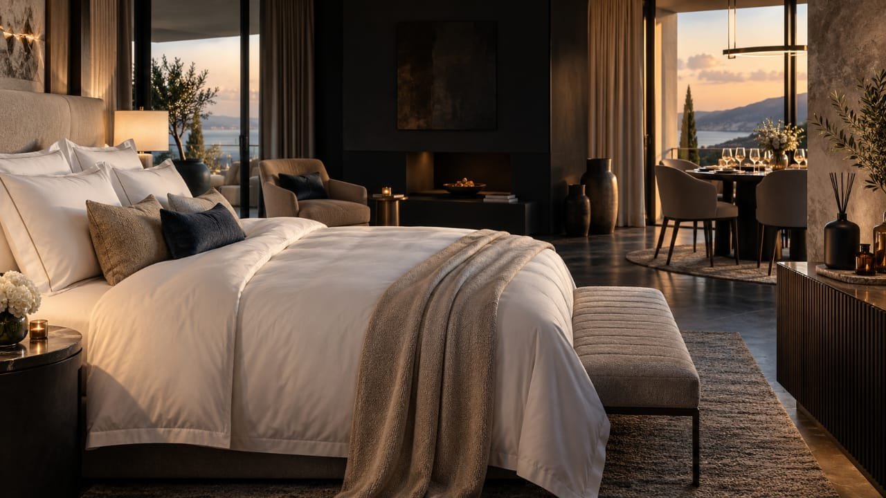 Luxury villa suite at sunset with sea view and dining terrace