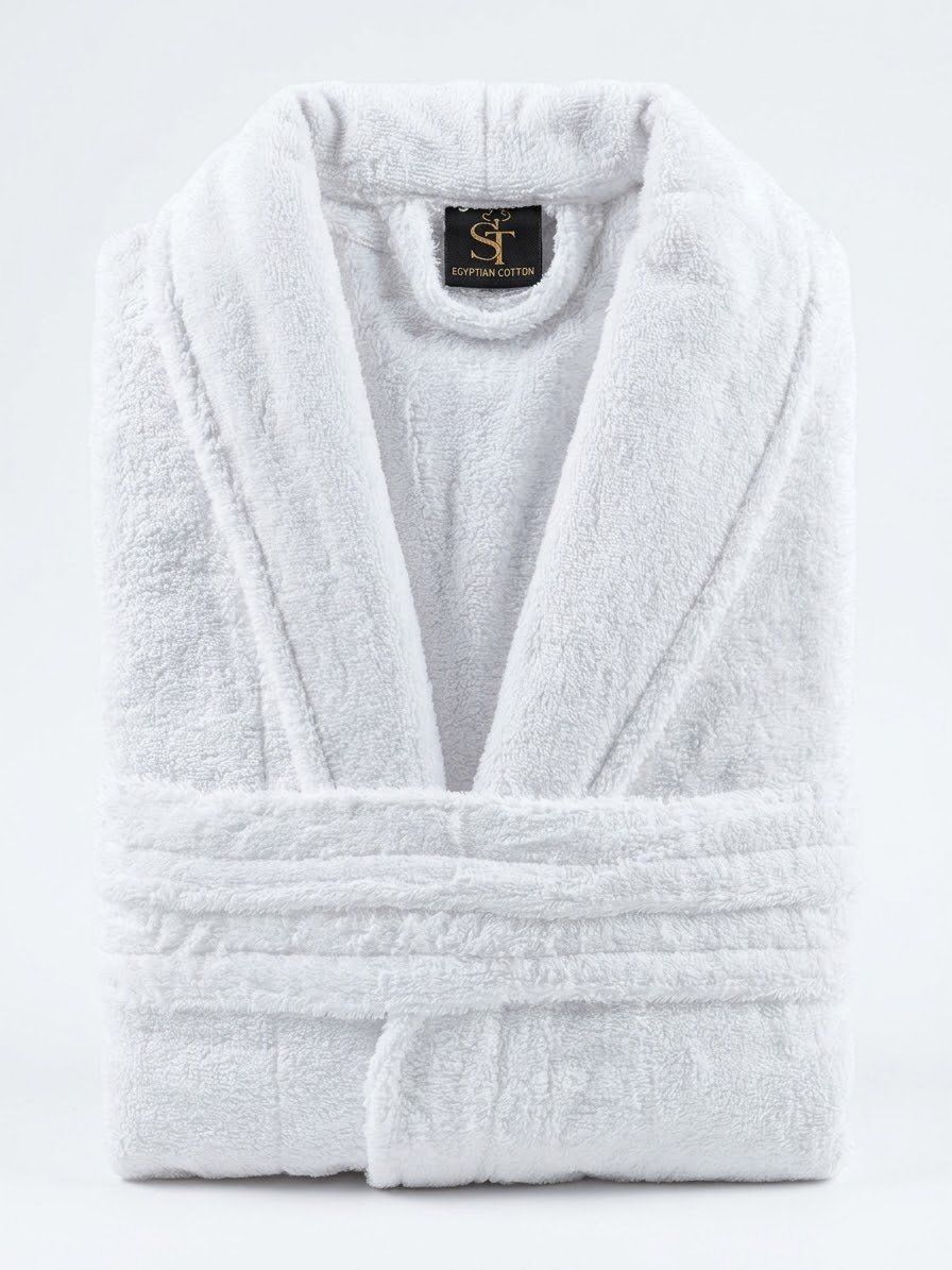 Bathrobe vs dressing gown: a white bathrobe with shawl collar, folded