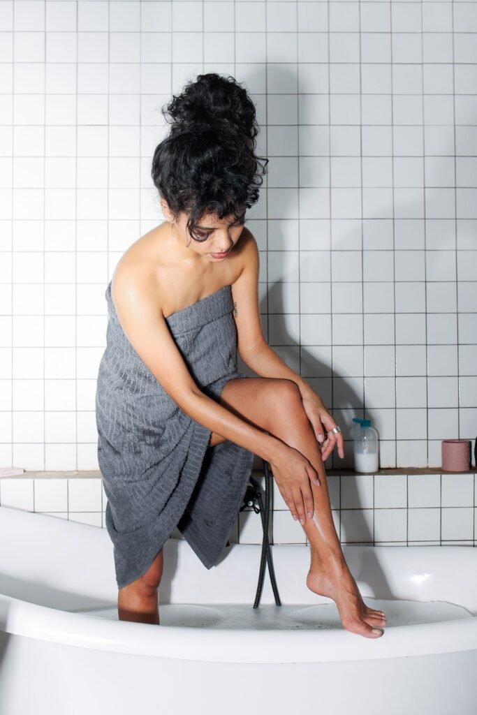 Relaxing in a soft bathrobe and towel