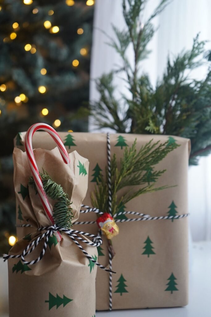 Festive gifts wrapped in brown paper