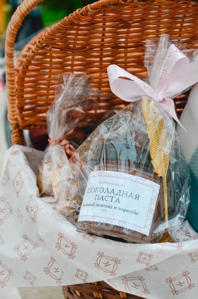 Wicker gift basket for a housewarming
