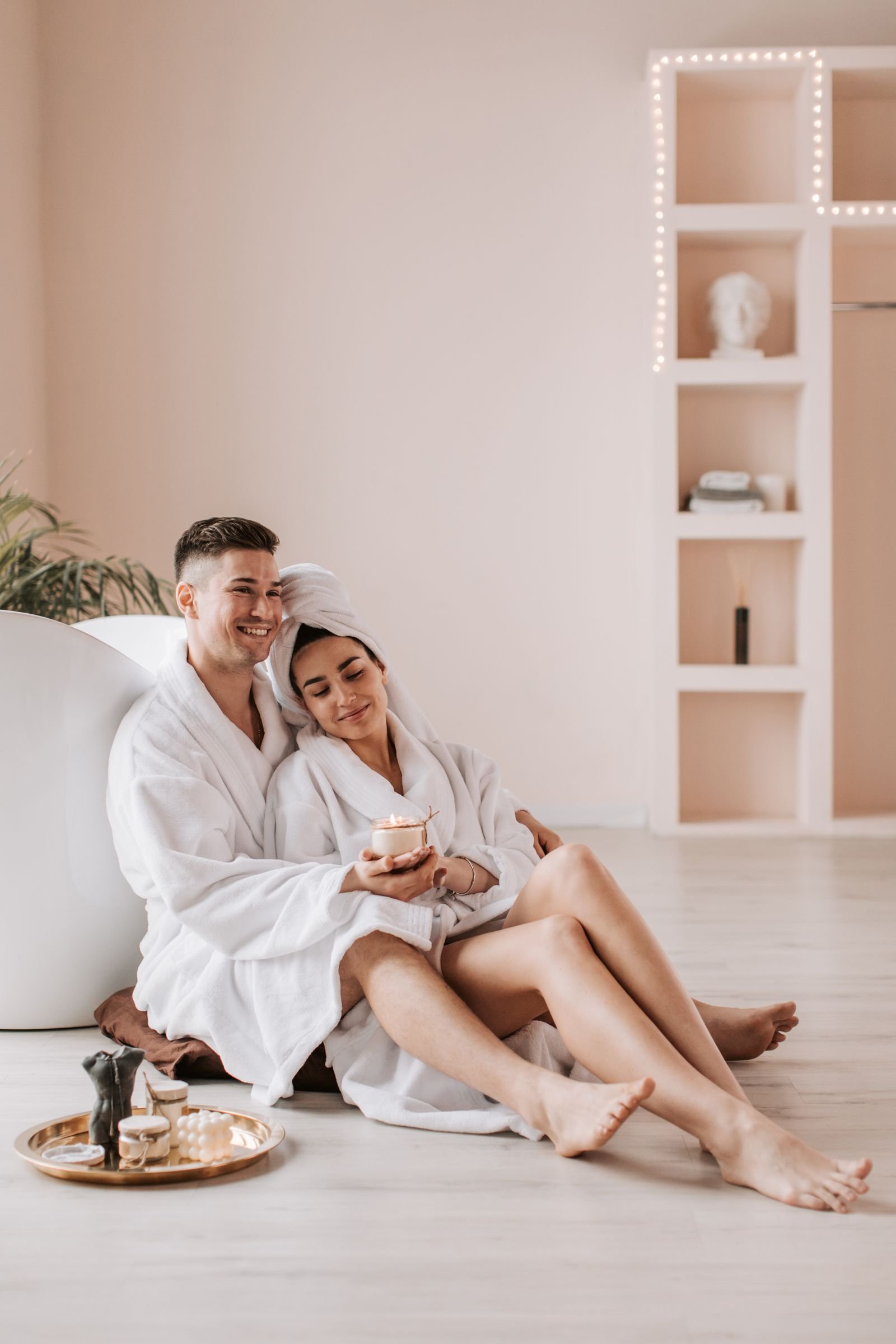 Newlyweds Robe and Towel Set in use | KEMET