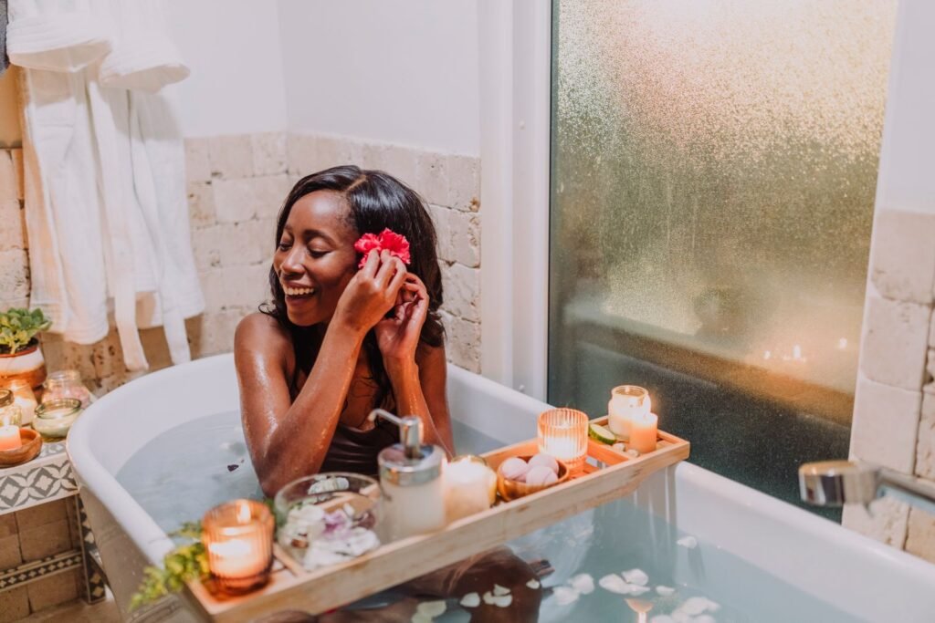 Relaxing self-care bath with candles